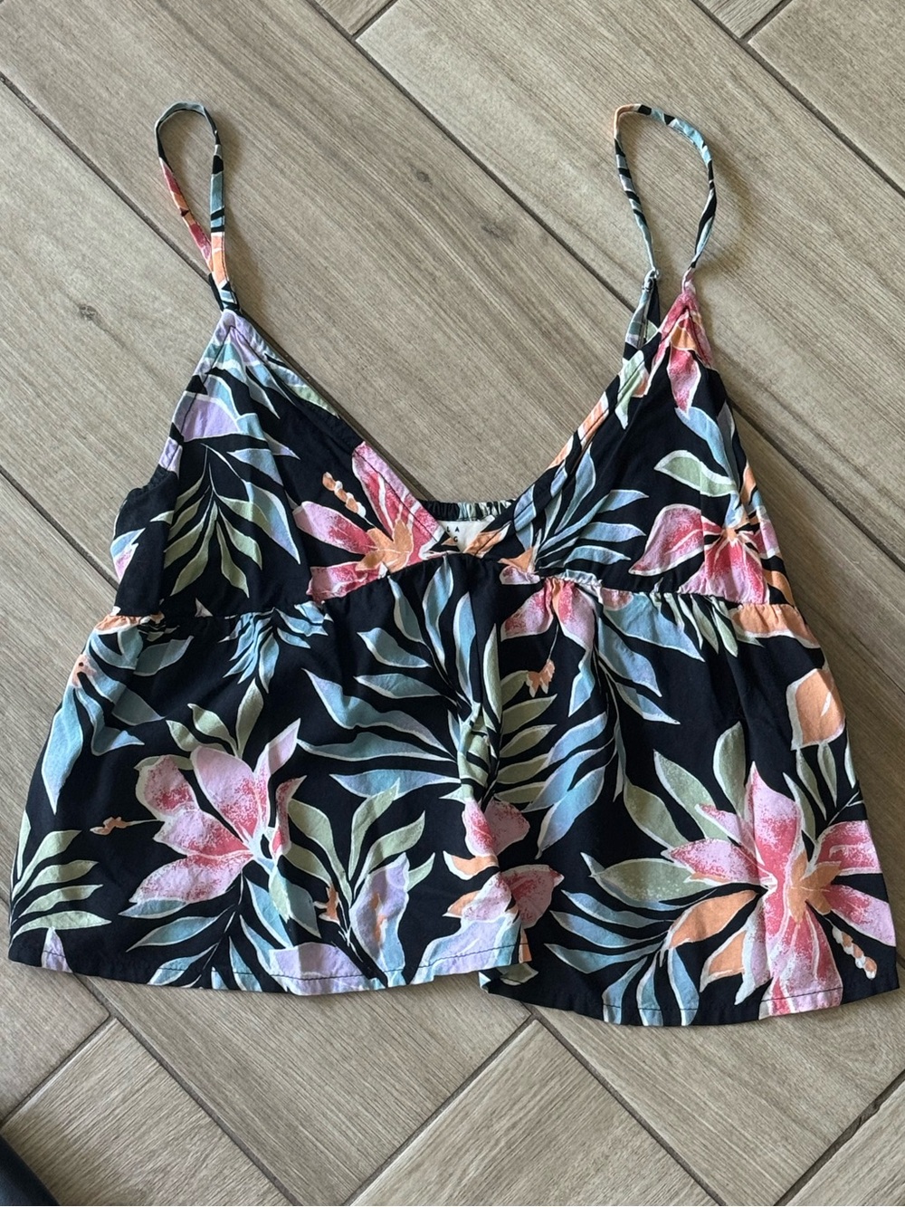 Billabong Floral Print Spaghetti Strap Crop Top - Black with Pink & Green